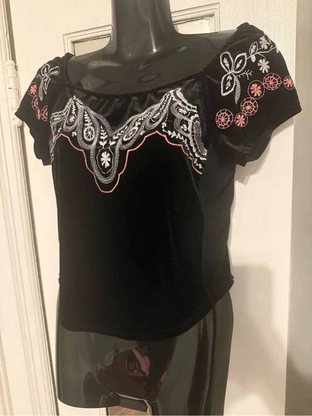 Free People Party Train Black Velvet Embroidered Boho Top Size XS